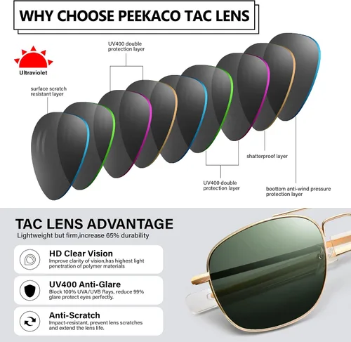 Vista 5 de Peekaco Gafas de sol de aviador para hombre estilo militar polarizadas marco de metal con patillas de bayoneta NegroAzul