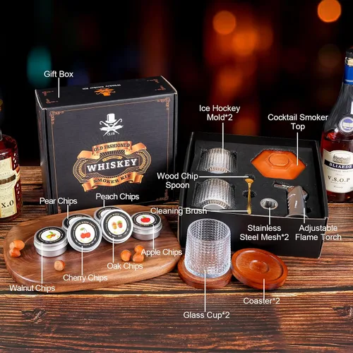 Vista 3 de Kit de ahumador de whisky con antorcha - chips de madera de 6 sabores, 2 vasos de whisky giratorios, 2 moldes de bolas de hielo - kit infusor