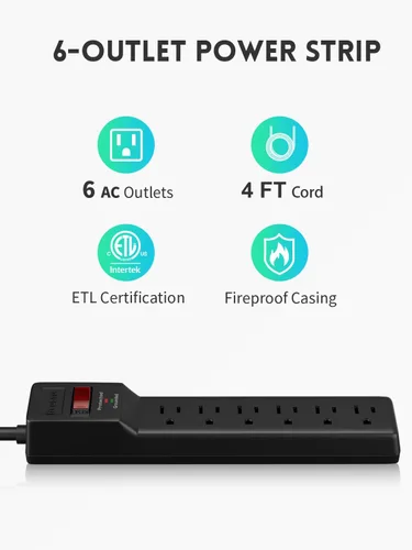 Vista 2 de PLUGUTL - Paquete de 2 protectores de sobretensiones (980 julios), regleta de alimentación de enchufe plano, cable de extensión de 4 pies con Negro