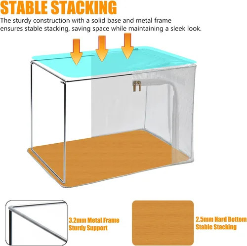Vista 2 de Contenedores de almacenamiento de ropa apilables transparentes con marco de metal, caja de almacenamiento plegable con tapa, organizador de armario