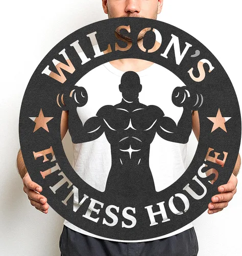 Vista 31 de Cartel de metal personalizado para gimnasio con nombre, arte de pared para sala de entrenamiento en casa, garaje, espacio de fitness, decoración