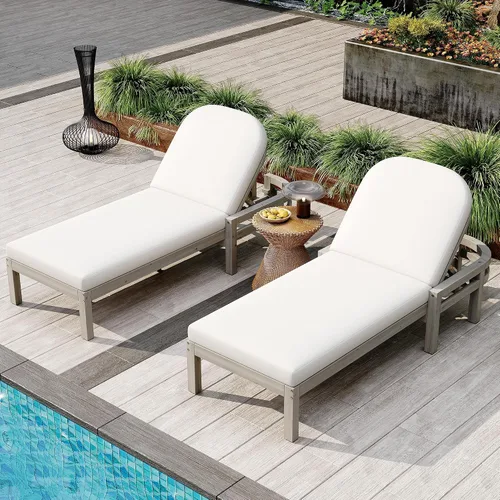 Vista 21 de Tumbona reclinable para patio al aire libre con respaldo ajustable de 5 posiciones y mesa auxiliar de madera, silla lounge para todo tipo de clima