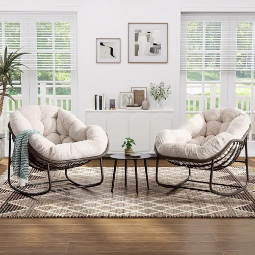 Vista 22 de Mecedora para patio al aire libre, silla mecedora de huevos de ratán para interiores, cómoda silla Papasan de gran tamaño con cojín más grueso