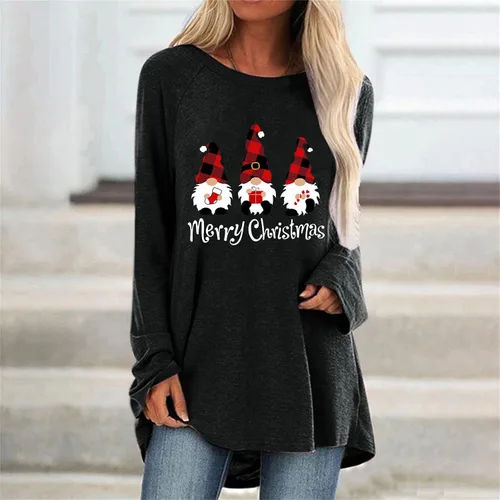 Vista 2 de Camisas de Navidad para mujer 2022 con estampado de árbol de Navidad, túnica casual con cuello redondo, Rojo