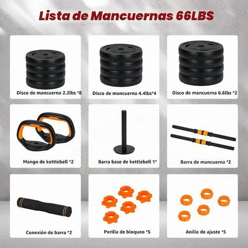 Vista 8 de Juego de mancuernas ajustables, juego de pesas de 66 libras, juego de mancuernas 4 en 1 con conector para barra, pesas rusas, soporte de flexión