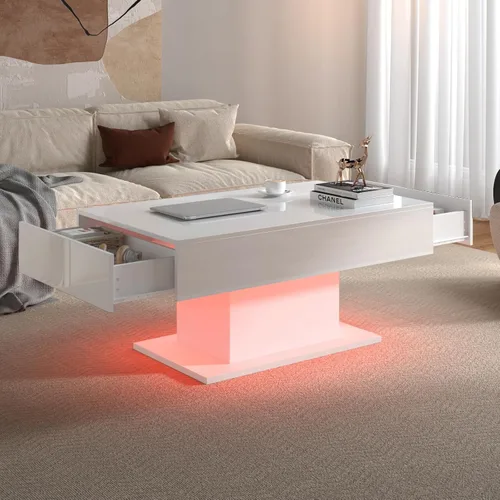 Vista 11 de HedoAjim - Mesa de café negra con LED y 2 cajones de almacenamiento para sala de estar, mesa rectangular de centro para sala de estar, mesas de café