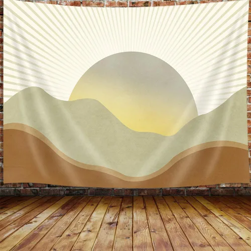 Vista 6 de JAWO Tapiz Bohemio Azul, Tapiz de Naturaleza con Montaña Abstracta y Sol Dorado para Colgar en la Pared para Dormitorio, Tapices de Paisaje