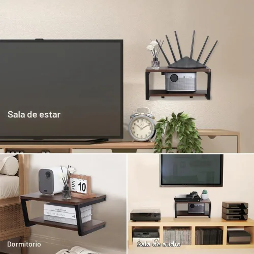 Vista 2 de LUCKUP Estantes flotantes de pared para proyector de pared, soporte de madera AV con 2 estantes, centro de entretenimiento con marco de acero
