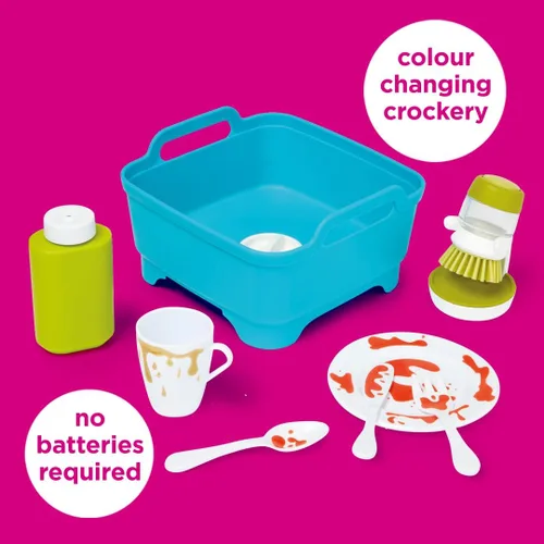 Vista 2 de Casdon Joseph Joseph Wash & Scrub. Juego de lavado para niños mayores de 3 años. Incluye cubiertos y vajilla que cambian de color para un juego