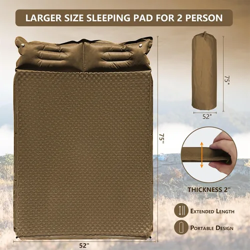Vista 7 de WILD FUN Colchoneta de dormir doble, colchón de campamento de 2 pulgadas para 2 personas con almohada, almohadilla de campamento autoinflable