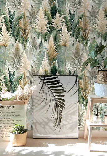 Vista 3 de Floralplus Papel tapiz removible de bosque bohemio para despegar y pegar, papel tapiz de hojas bohemias para dormitorio, baño, papel de contacto