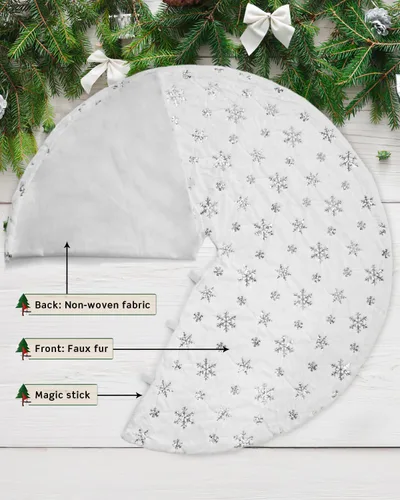 Vista 3 de COOLWUFAN Falda de árbol de Navidad de piel sintética de 36 pulgadas para árbol de Navidad, decoración de fiestas, copos de nieve de lentejuelas