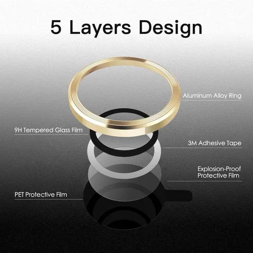 Vista 3 de JETech - Protector de lente de cámara para iPhone 13 Pro Max/13 Pro, dorado, 1 juego Vidrio templado 9H, cubierta de anillo individual de metal