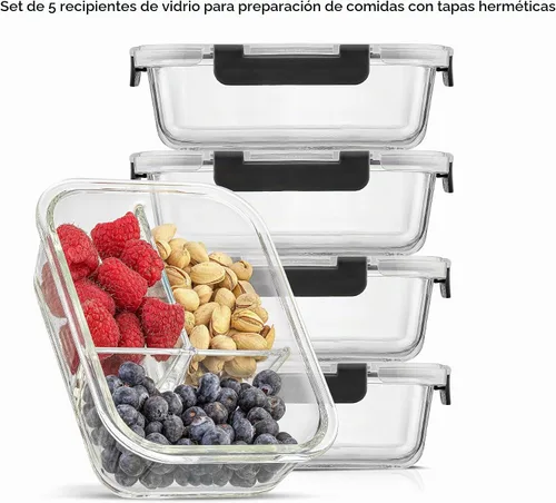 Vista 3 de JoyJolt Juego de caja Bento dividida de 3 compartimentos de vidrio para preparación de comidas, paquete de 5 recipientes herméticos