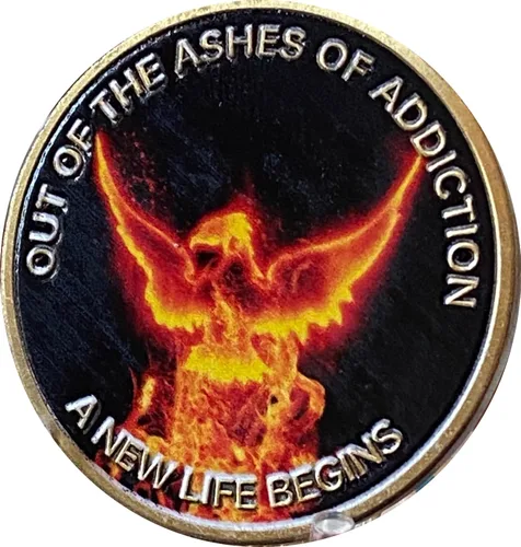 Vista 4 de Fuera de las cenizas de la adicción comienza una nueva vida Phoenix Flames Medallón de sobriedad AA NA