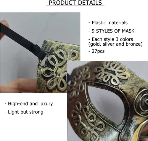 Vista 3 de 27 máscaras antiguas vintage, retro, para hombres y mujeres, unisex, para fiesta de baile, disfraz veneciano, dorado, plateado y bronce