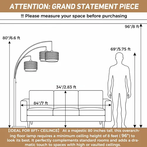 Vista 5 de Lámpara de pie de ratán para sala de estar, lámpara de pie boho de 80 pulgadas de altura con interruptor giratorio, lámpara de arco de 3 luces