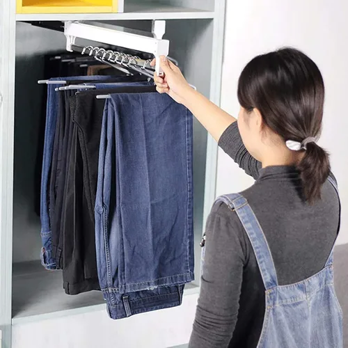 Vista 4 de Slide Out Pants Rack Closet Hanger Bar Pull Trousers Tie Belts Scarf Racks Top Mounted Wardrobe Clothes for Closet Retractable,Adjustable Aluminum