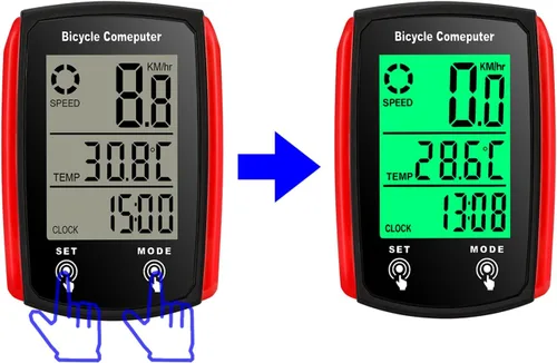 Vista 2 de Computadora de bicicleta, computadora de bicicleta con cable, 19 funciones, velocímetro, impermeable, con retroiluminación Rojo