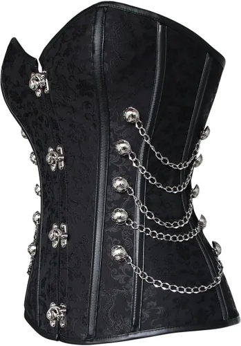 Vista 3 de Charmian - Corsé Steampunk gótico con espiral de acero para mujer, con cadenas Negro