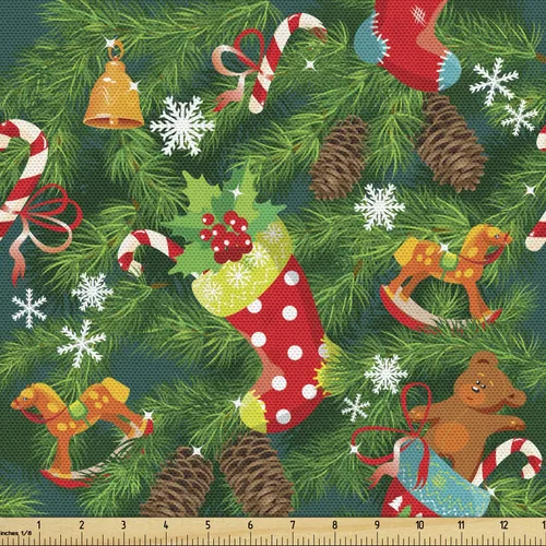 Vista 31 de Ambesonne Tela Navideña por Yarda, Tema Navideño Colorido Vivo Piñas de Pino Ramas Hombre de Jengibre Imagen de Bayas Estampada, Tela de Punto