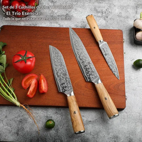 Vista 4 de Juego de cuchillos de cocina, juego de cuchillos de chef japonés 3 piezas dorado