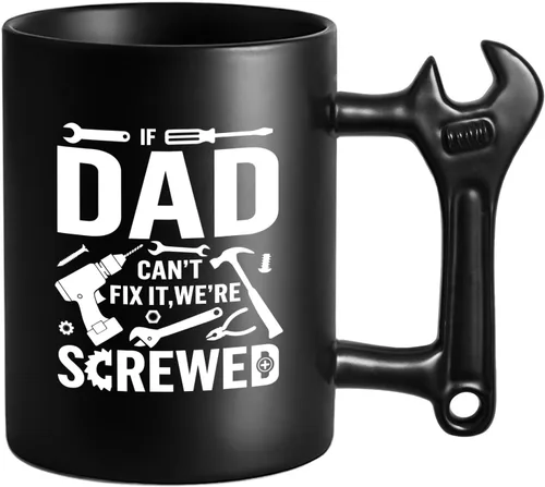 Vista 8 de LOZACHE Taza genial para papá - Si papá no puede arreglarlo... - Regalo original del día del padre - 350 ml - Taza negra con asa en forma de llave