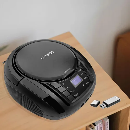Vista 4 de LONPOO Reproductor de CD portátil Boombox con radio FM/USB/Bluetooth/entrada AUX y salida de jack de auriculares, altavoz de sonido estéreo y Negro