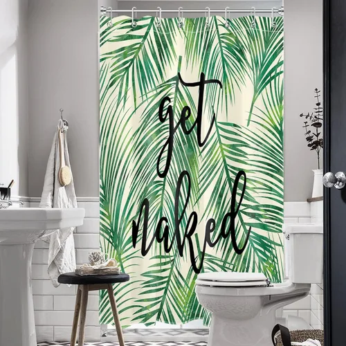 Vista 3 de LB Cortina de ducha de plantas de hojas verdes tropicales, citas divertidas y hojas de palma en cortinas de ducha beige para baño, tela de poliéster
