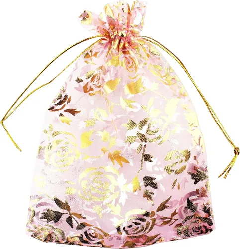 Vista 14 de QIANHAILIZZ 5 x 7 pulgadas 100 piezas corazón flor organza joyería bolsa de regalo bolsa de caramelo bolsa cordón boda favor bolsas P835