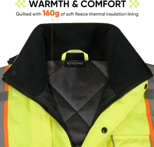 Vista 4 de TICONN Waterproof Safety Bomber Jacket, Winter Rain Jacket Hi Vis Reflective, ANSI Class 3 Work Rain Coat