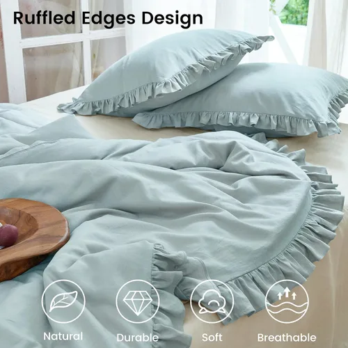 Vista 5 de Simple&Opulence Juego de funda de edredón de algodón de lino con volantes, 3 piezas, ropa de cama con textura suave con bordes decorativos