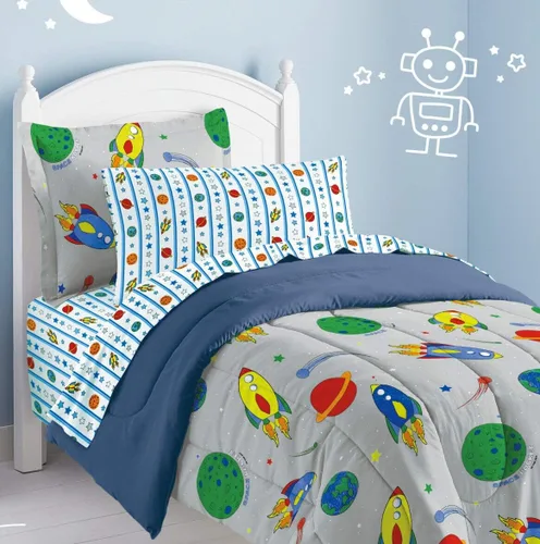 Vista 91 de Dream Factory Dinosaur Blocks - Juego de edredón de microfibra ultrasuave para niños, color azul, tamaño individual Bloques de dinosaurios azules