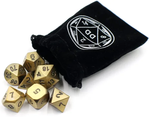 Vista 5 de Juego de dados de metal DND con baúl de almacenamiento dorado / caja para juegos de rol