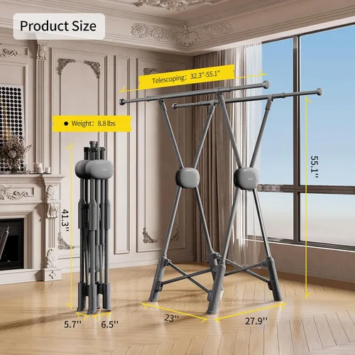 Vista 6 de BIREN Estante de secado de ropa resistente, estante plegable para ropa sucia, dos modos de secado, estantes para secar ropa, longitud ajustable