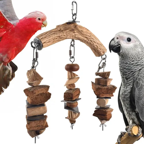 Vista 9 de DBNESS Juguetes para pájaros para loros, bloques de madera dura de madera duradera con acero inoxidable para colgar, juguete masticable natural
