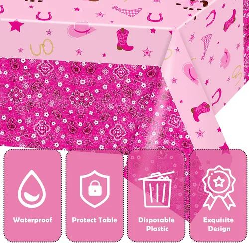 Vista 2 de Mantel de plástico de vaquera occidental, mantel rectangular de fieltro rosa, mantel rectangular desechable impermeable para suministros de fiesta