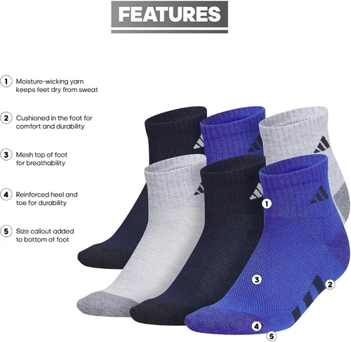 Vista 2 de adidas Calcetines deportivos acolchados (6 pares) para niños, niños y niñas, ajuste por encima del tobillo, tela duradera