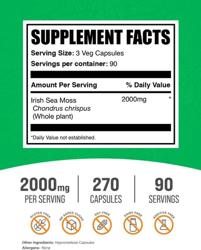 Vista 2 de BulkSupplements. com Cápsulas de musgo marino irlandés, suplemento de musgo marino, musgo marino irlandés, sin gluten, 3 cápsulas por porción
