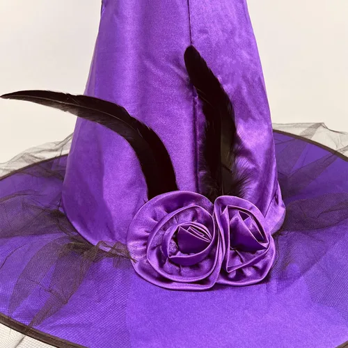 Vista 5 de Sombrero de bruja de Halloween con malla de encaje suave, flor de rosa y pluma, accesorio de disfraz de Halloween, sombrero de bruja