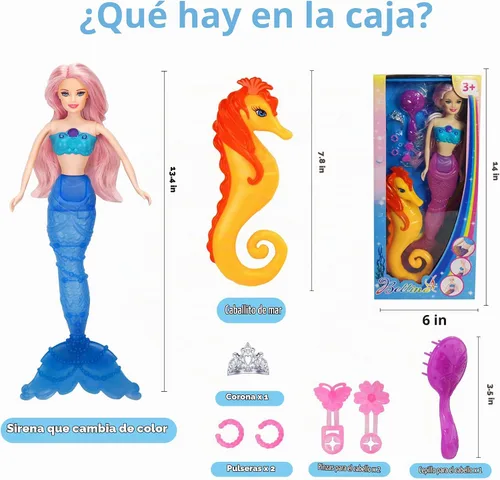 Vista 5 de BETTINA Muñeca mágica de sirena que cambia de color, juguete de princesa sirena con caballito de mar y accesorios para muñecas, cabello rosa