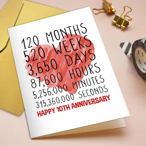 Vista 4 de Qiliji Tarjeta de feliz décimo aniversario para él y ella, tarjeta de décimo aniversario de boda para marido y esposa, divertida tarjeta