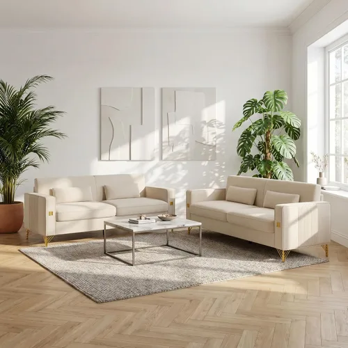 Vista 8 de Sofá de terciopelo de 85.63 pulgadas, moderno sofá biplaza con almohadas, juego de 2 para sala de estar, dormitorio, muebles de apartamento con Beige