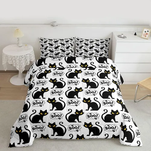 Vista 34 de Feelyou Juego de edredón de Halloween, color rosa fantasma, juego de ropa de cama tamaño individual, decoración para niños y niñas, lindo juego