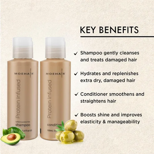 Vista 3 de MOEHAIR Champú y acondicionador 2 en 1 con infusión de proteínas de viaje para cabello fino, tratamiento capilar proteico para cuero cabelludo seco