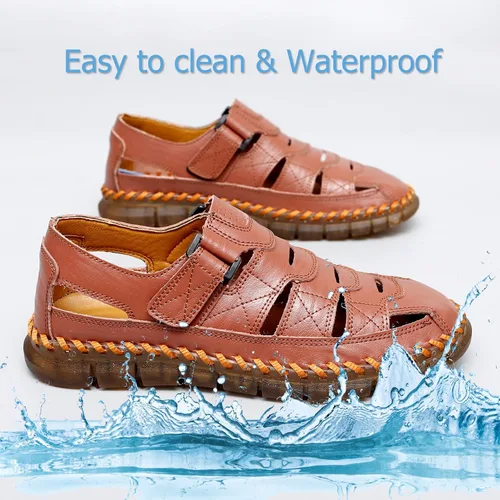 Vista 4 de Sandalias de cuero para hombre con puntera cerrada, zapatos de pescador de playa, sandalias deportivas de verano al aire libre