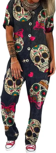 Vista 11 de PAODIKUAI Overol casual con estampado de calavera para mujer, overol suelto con bolsillos