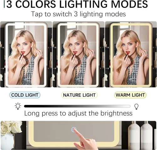 Vista 4 de Escritorio de maquillaje acanalado con espejo y luces, tocador blanco moderno de 42 pulgadas para espacios pequeños, tocador blanco con 5 cajones