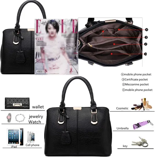 Vista 7 de Bolsos y bolsos de mano para mujer, de piel sintética, con asa superior, bolso de hombro