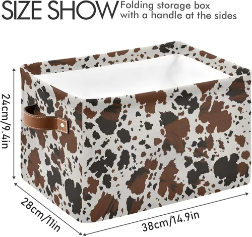 Vista 4 de Cesta de almacenamiento rectangular de lona con estampado de vaca con asas para el hogar, oficina, libros, guardería, juguetes para niños, armario